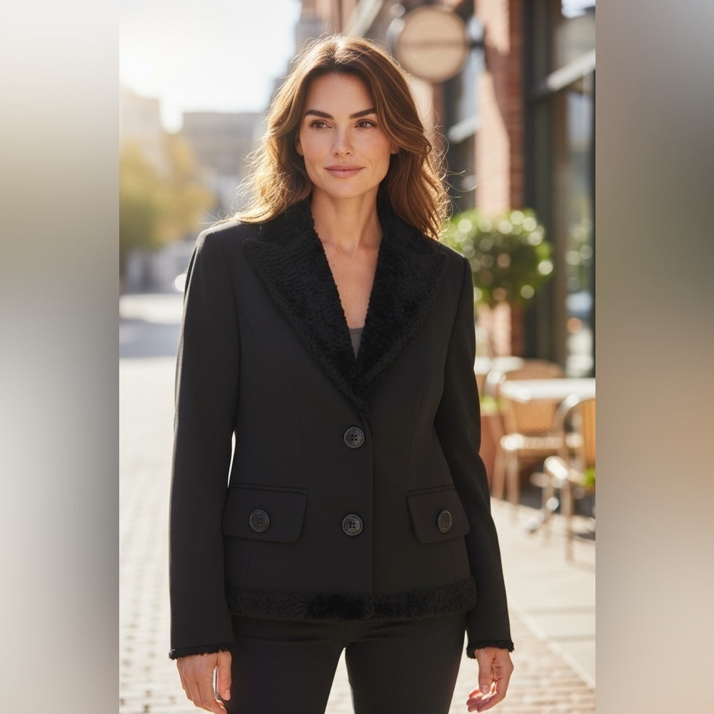 Lucien Dunois Designer Black Blazer/ Faux Fur - Elevated Office Chic - Size 10