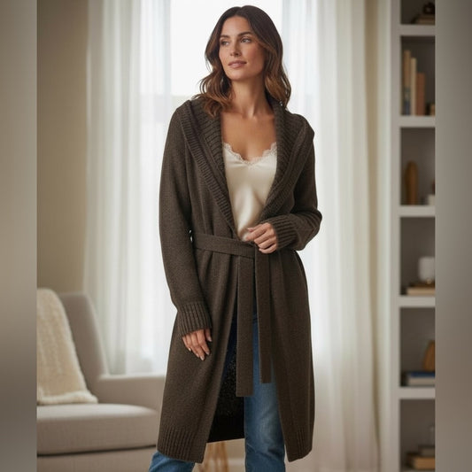 Elegant Brown Belted Cardigan - Casual Night In - Size XL