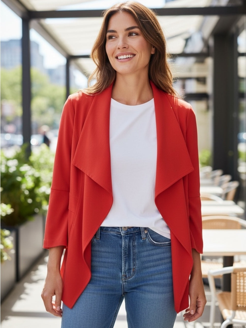 Maison Cinqcent Women's Coral-Red Draped Open-Front Blazer Jacket - Large