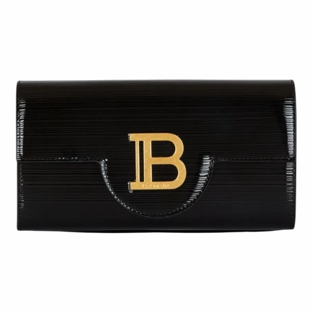 Balmain Black Patent Clutch with Gold Chain