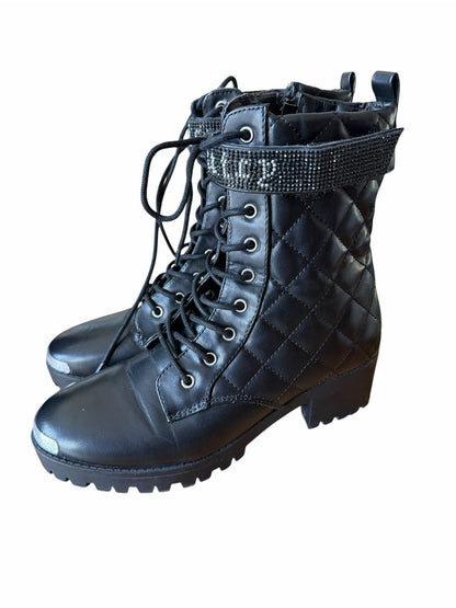 Juicy Couture Black Quilted Lace-Up Ankle Boots with Rhinestone Strap