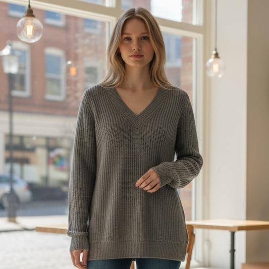 Ca va de Soi -  Women's V-Neck Sweater in Gray - Elevated Casual Wear - Size S