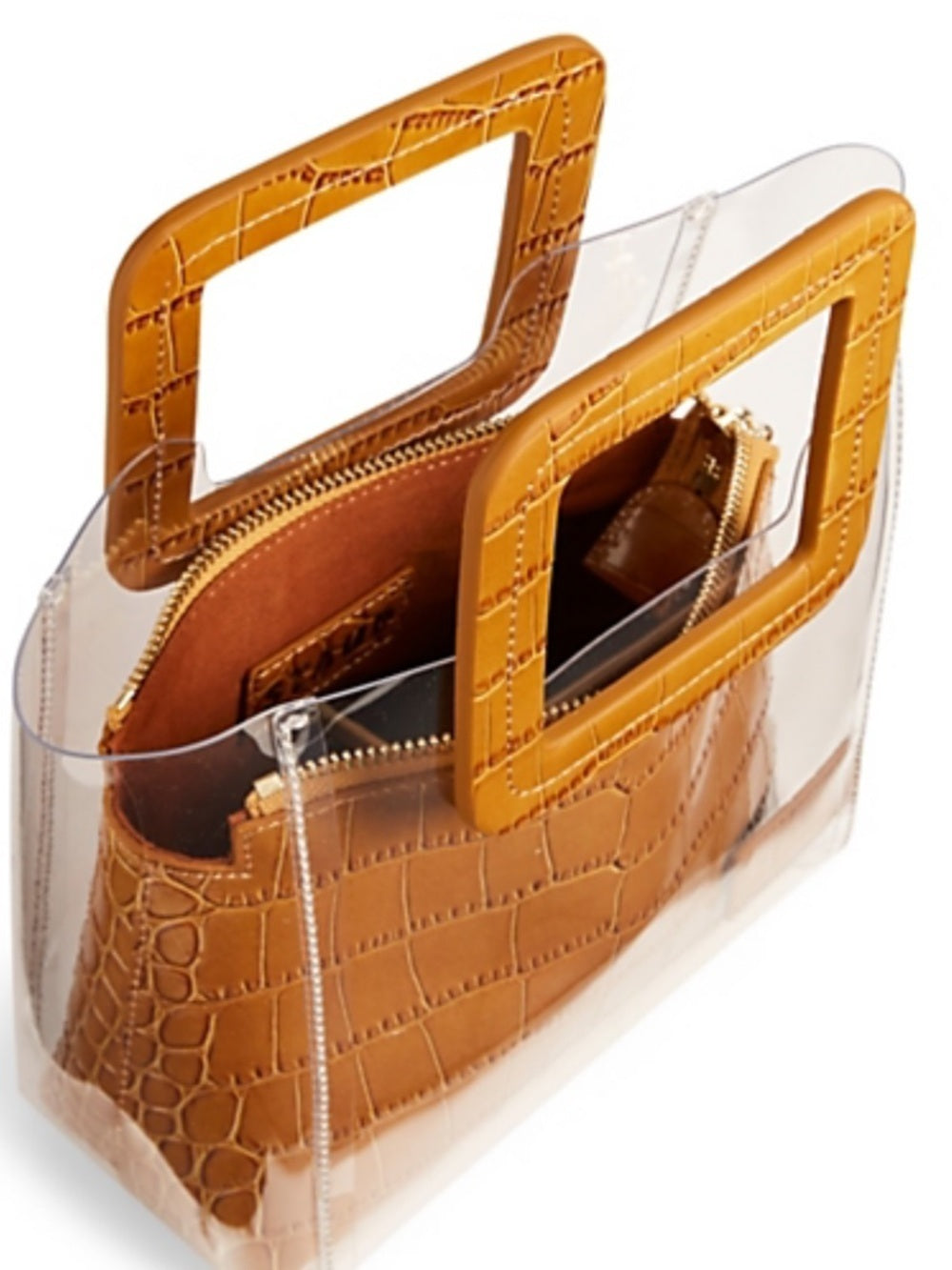 STAUD Clear PVC Tote with Tan Croc-Effect Pouch and Square Handles