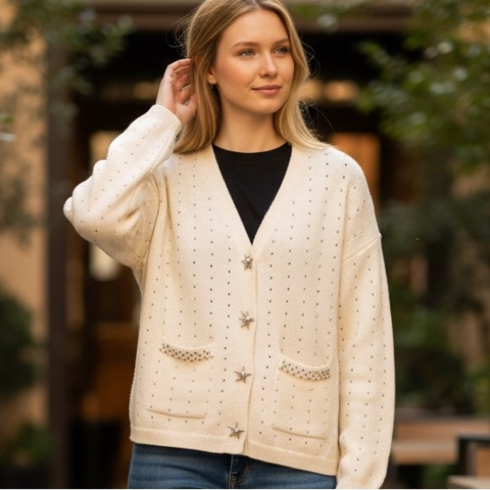 Black Tape Cream Star Button Cardigan - Casual Date- Size M