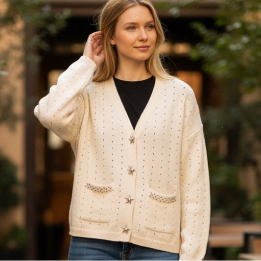 Black Tape Cream Star Button Cardigan - Casual Date- Size M
