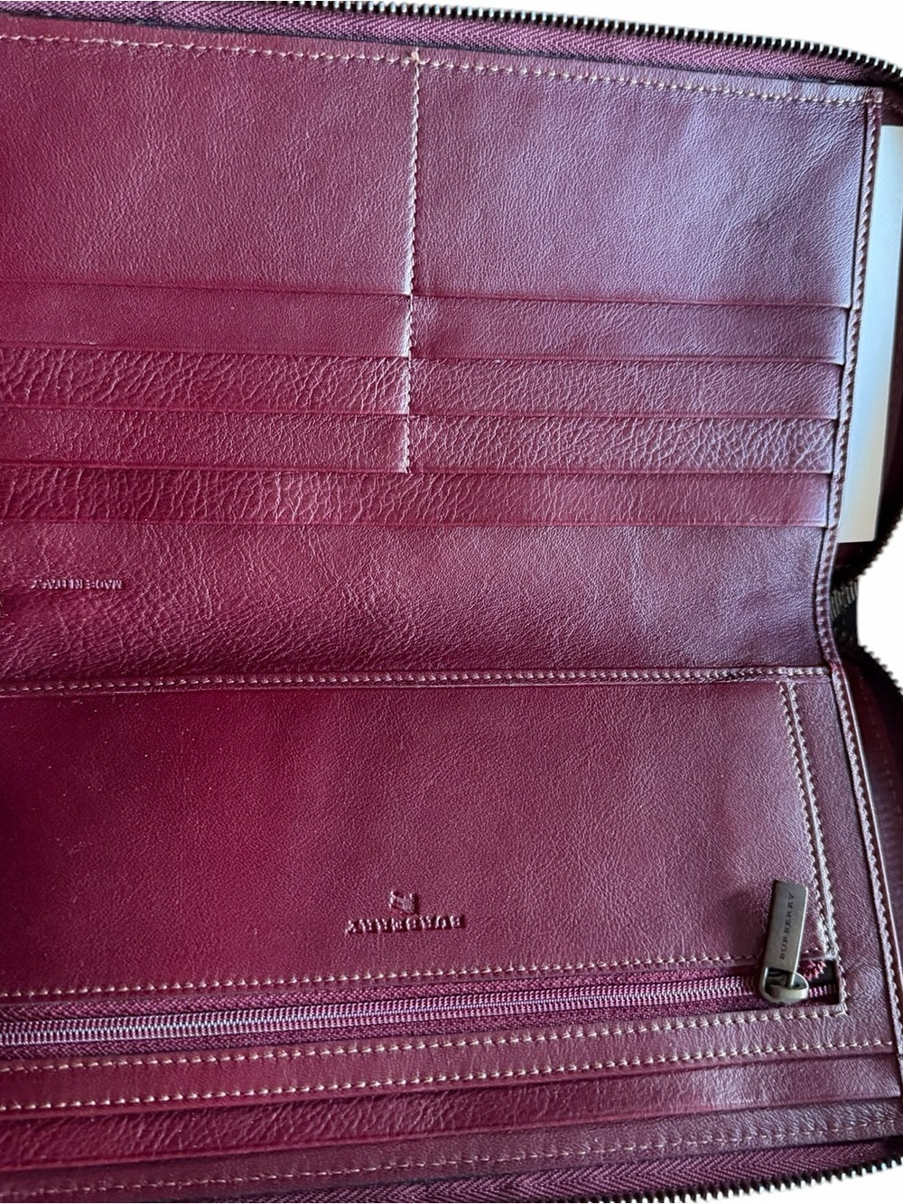 Burberry Wine Red Leather Zip Wallet with Signature Check Trim - New With Bix