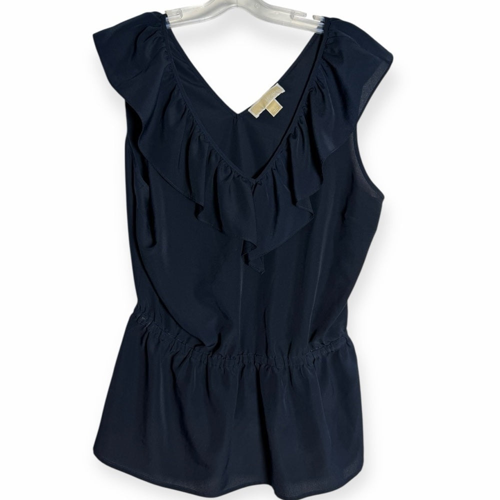 Michael Kors Navy Ruffle V-Neck Blouse - Size Large