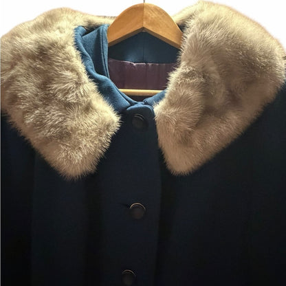 Chic Navy Pea Wool Coat with Fur Collar - Size XL