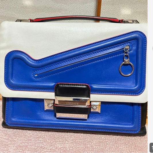 Versace Blue and White Satchel with Silver Accents