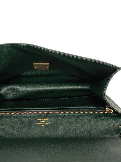 Louis Vuitton Green Leather Wristlet Clutch with Gold Lock