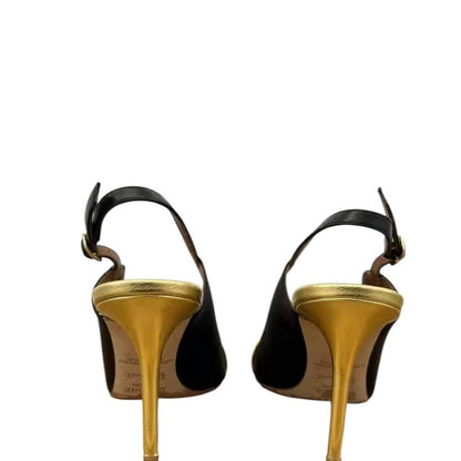 Malone Souliers Black and Gold Slingback Heels