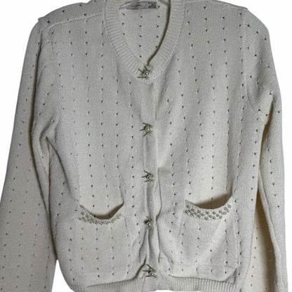 Black Tape Cream Star Button Cardigan - Casual Date- Size M