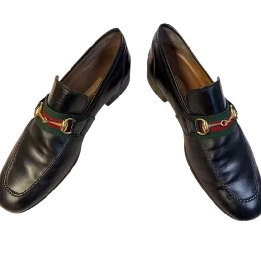 Gucci Black Leather Loafers with Gold and Green Accents - 10.5 Men’s