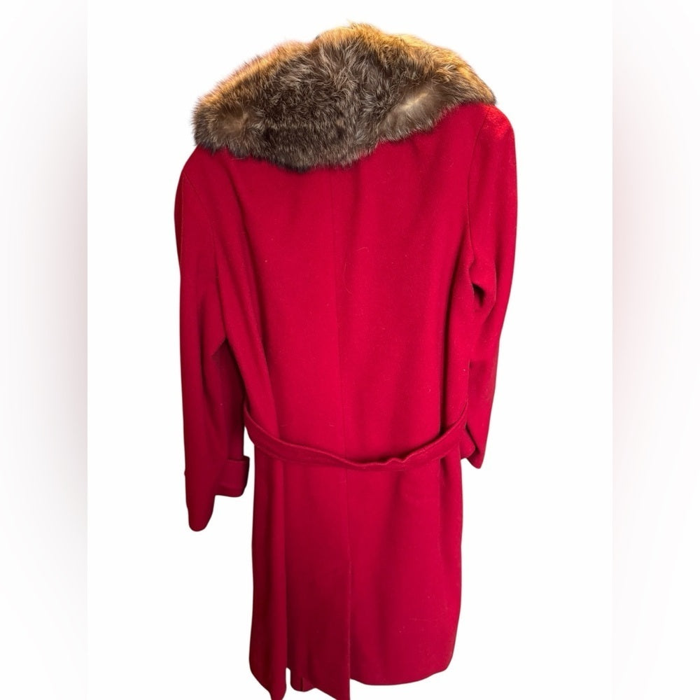 Unique Vintage Red Trench Coat with Fur Collar - Size Medium