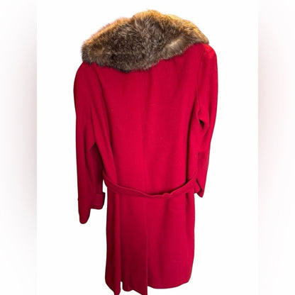 Unique Vintage Red Trench Coat with Fur Collar - Size Medium