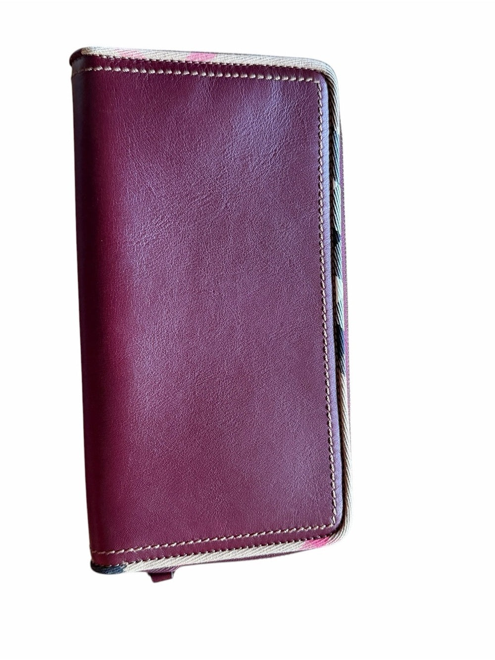 Burberry Wine Red Leather Zip Wallet with Signature Check Trim - New With Bix