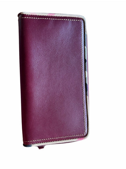 Burberry Wine Red Leather Zip Wallet with Signature Check Trim - New With Bix