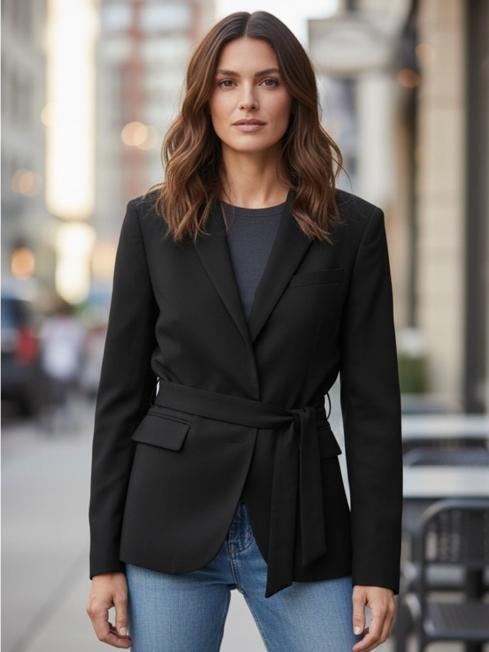 Designer Ross Mayer - Elegant Black Blazer with Tie Accent - Night Out -Size 8