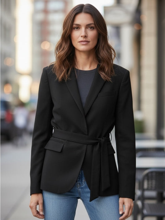 Designer Ross Mayer - Elegant Black Blazer with Tie Accent - Night Out -Size 8