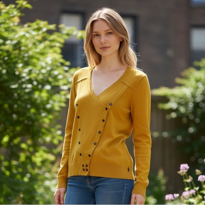 Anna Scott - Chic Mustard V-Neck Women’s Sweater - Casual Streetwear - Size L