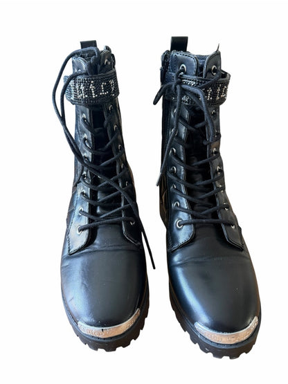 Juicy Couture Black Quilted Lace-Up Ankle Boots with Rhinestone Strap