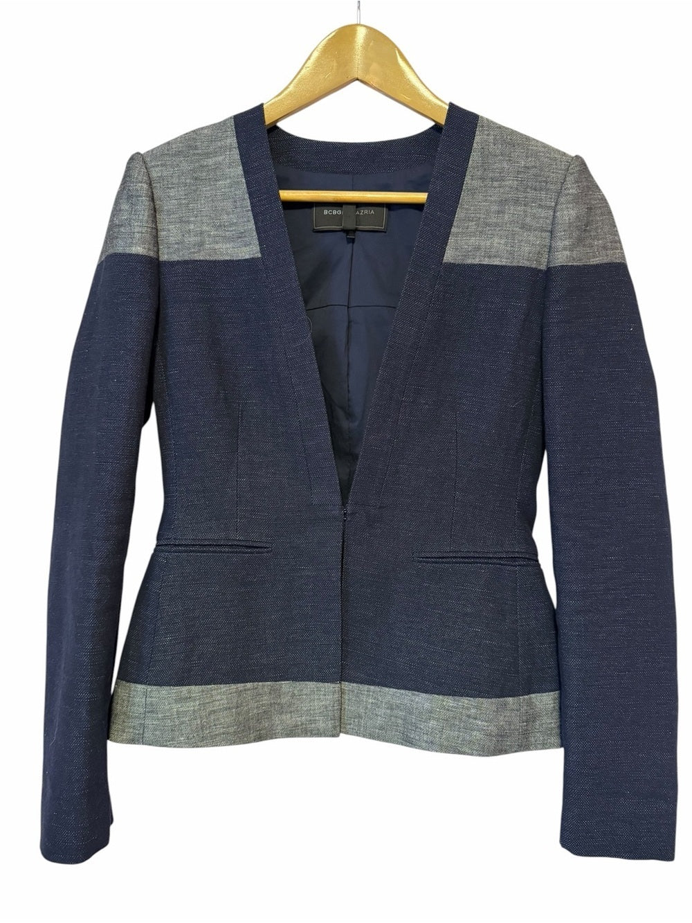 BCBG Two-Tone Navy and Gray Open-Front Knit Blazer - Workwear - Size XS