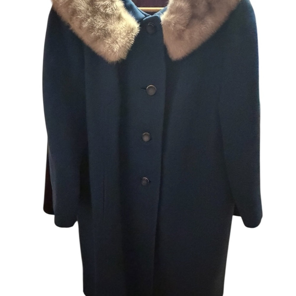 Chic Navy Pea Wool Coat with Fur Collar - Size XL