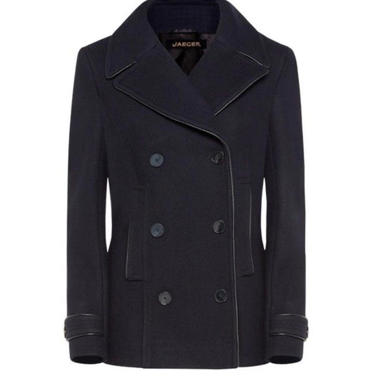 Jaeger Men's Classic Black Pea Coat - 100% Virgin Wool