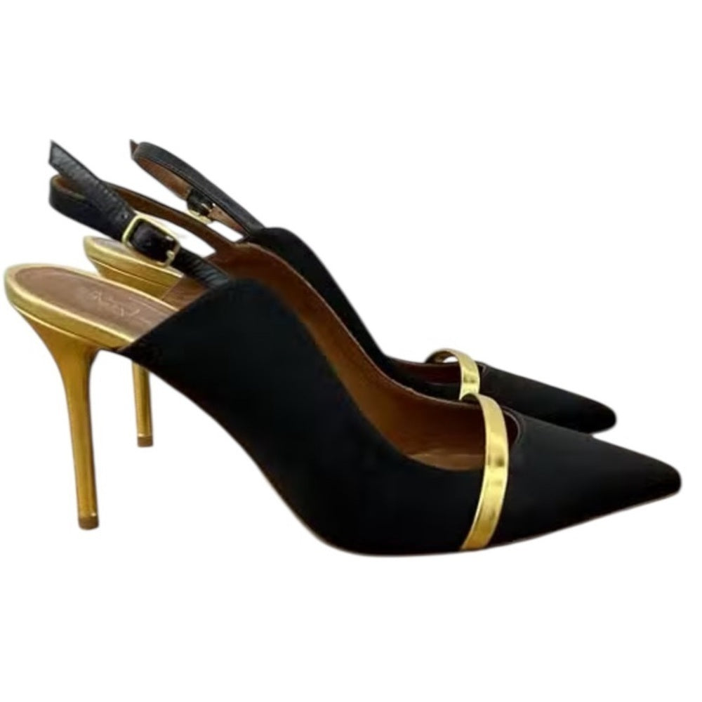 Malone Souliers Black and Gold Slingback Heels