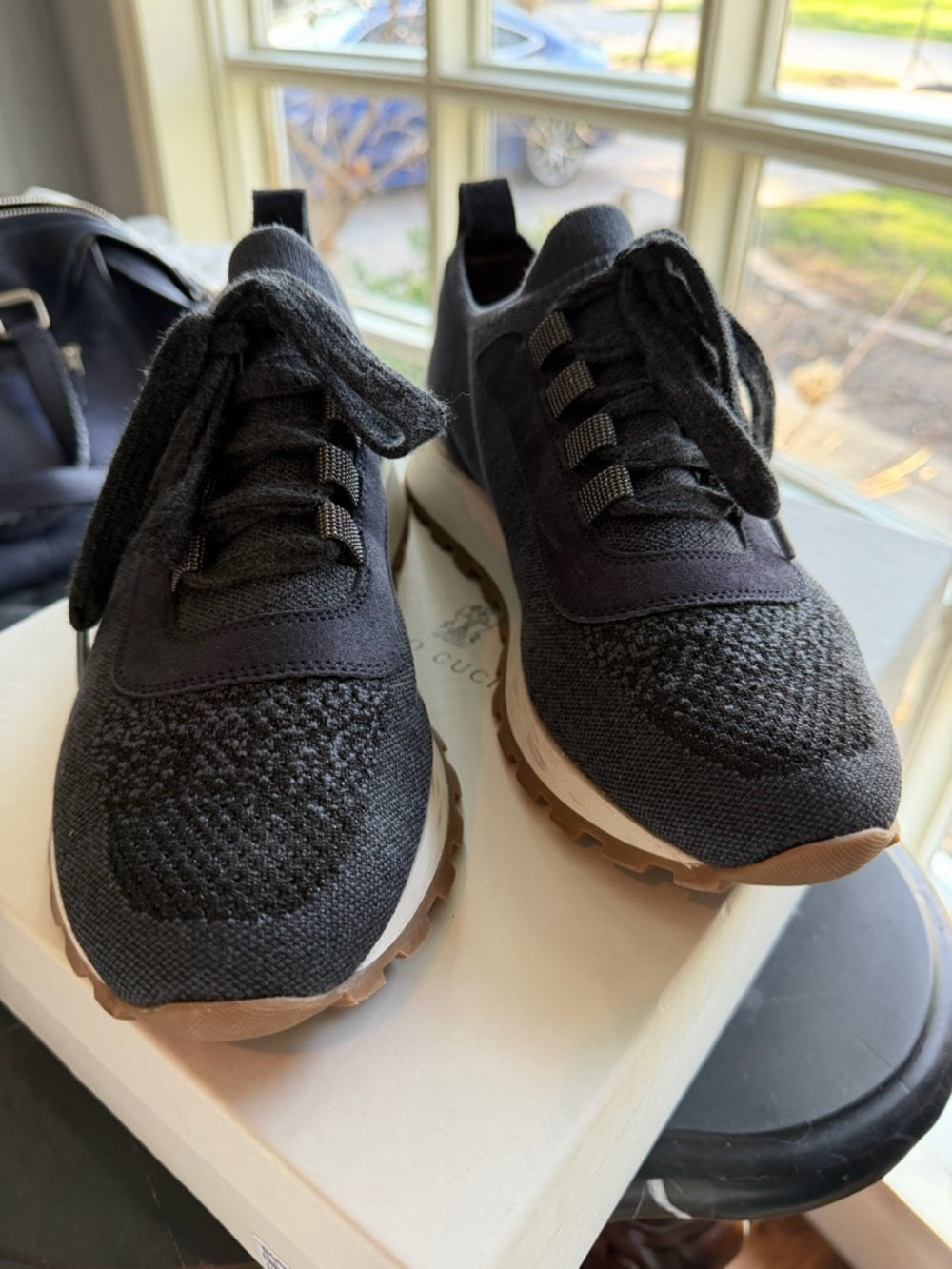 Brunello Cucinelli Black Knit Platform Sneakers with Brown Soles with Box - 9.5