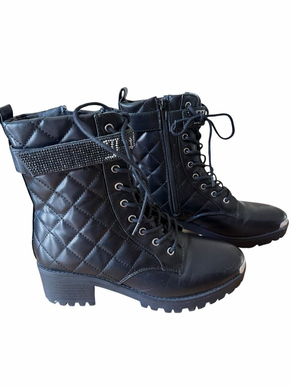 Juicy Couture Black Quilted Lace-Up Ankle Boots with Rhinestone Strap