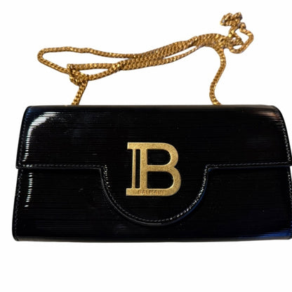 Balmain Black Patent Clutch with Gold Chain