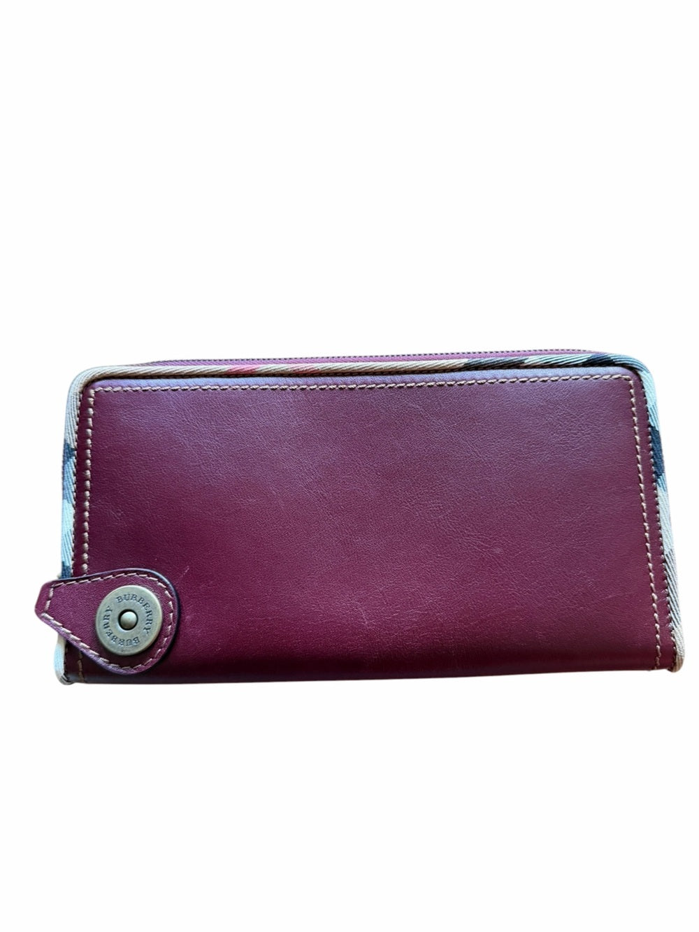 Burberry Wine Red Leather Zip Wallet with Signature Check Trim - New With Bix