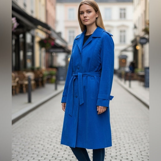 George Strath Blue Suede Jacket - Elevated Trench Coat - Chic, Vibrant - Size L