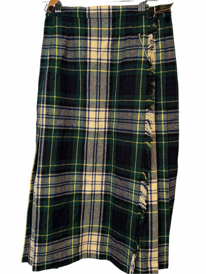Classic Wool Green Plaid Midi Skirt with Cream Accents - Size 8